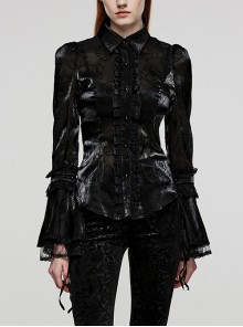 Black Non-Stretch Rose Woven Delicate Lace Gothic Bell Sleeve Shirt