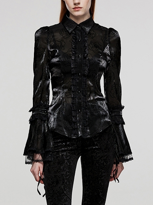 Black Non-Stretch Rose Woven Delicate Lace Gothic Bell Sleeve Shirt