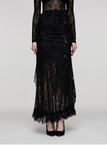 Personalized Black Ripped Knitted Lace Sexy See-Through Gothic Style Hollow Skirt
