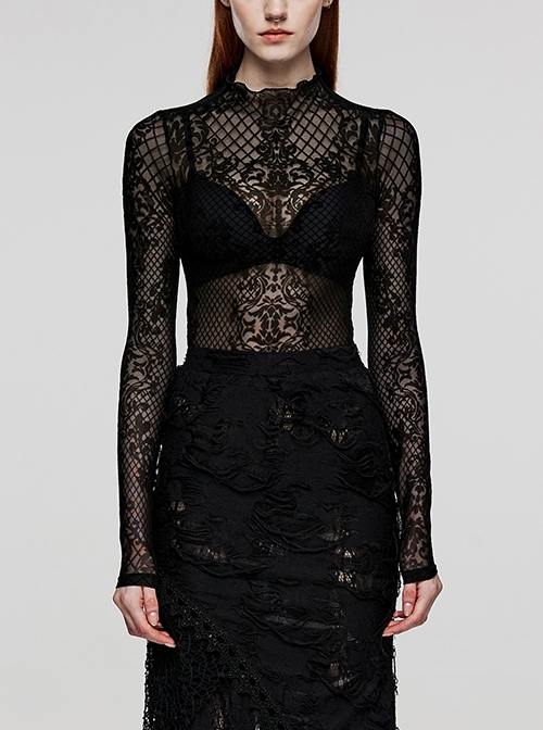 Black Elastic Flocked Mesh Simple Stand Collar Gothic Style Sexy See-Through Long Sleeved T-Shirt