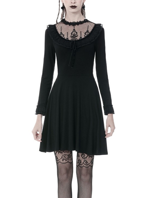 Black Lolita Chest Flower Mesh Lace-Up Long Sleeves Gothic Dress