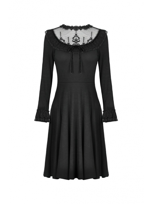 Black Lolita Chest Flower Mesh Lace-Up Long Sleeves Gothic Dress