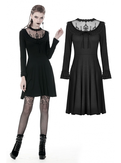 Black Lolita Chest Flower Mesh Lace-Up Long Sleeves Gothic Dress
