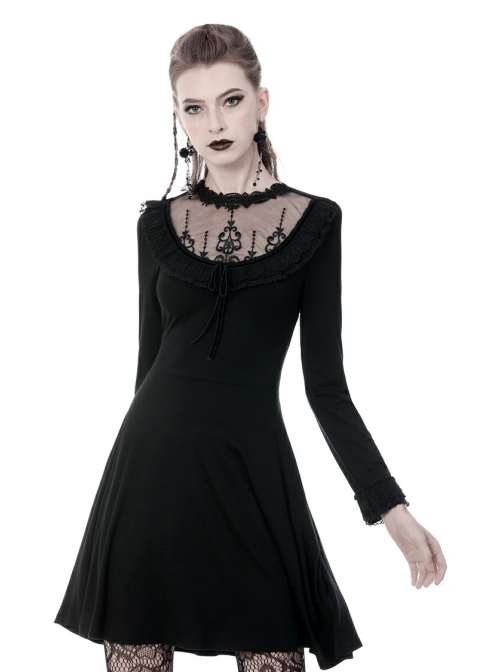 Black Lolita Chest Flower Mesh Lace-Up Long Sleeves Gothic Dress