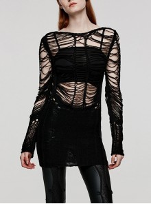 Sexy Hollow Unique Black Soft Woolen Structure Punk Style Long-Sleeved Ripped Sweater