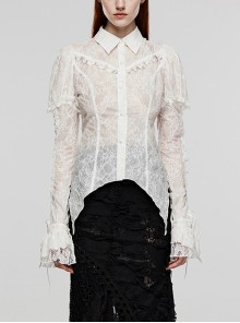 Non-Stretch White Bubble Pattern Woven Puff Sleeve Stitching Lace Lapel Gothic Long Sleeve Shirt