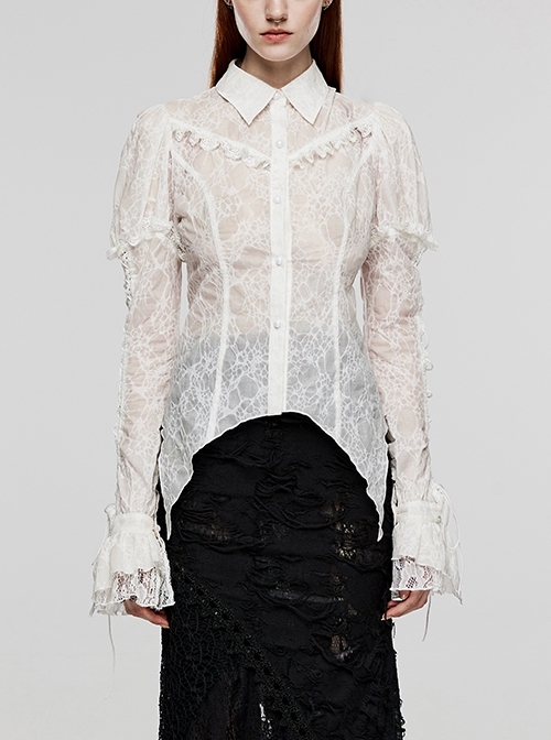 Non-Stretch White Bubble Pattern Woven Puff Sleeve Stitching Lace Lapel Gothic Long Sleeve Shirt