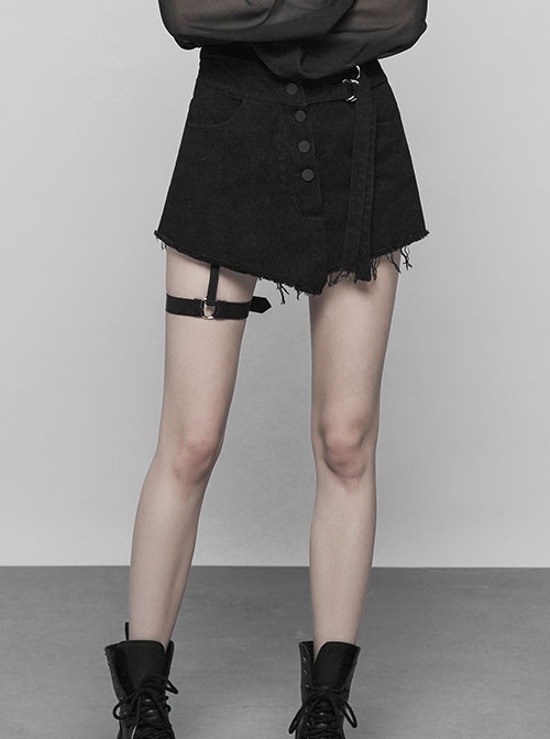 Steam Punk Casual Female Black Denim Fabric Buckle Mock Skirt Shorts