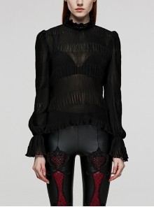 Black Elastic Pleated Stand-Up Collar And Exquisite Lace Decoration Gothic Style Long-Sleeved Shirt