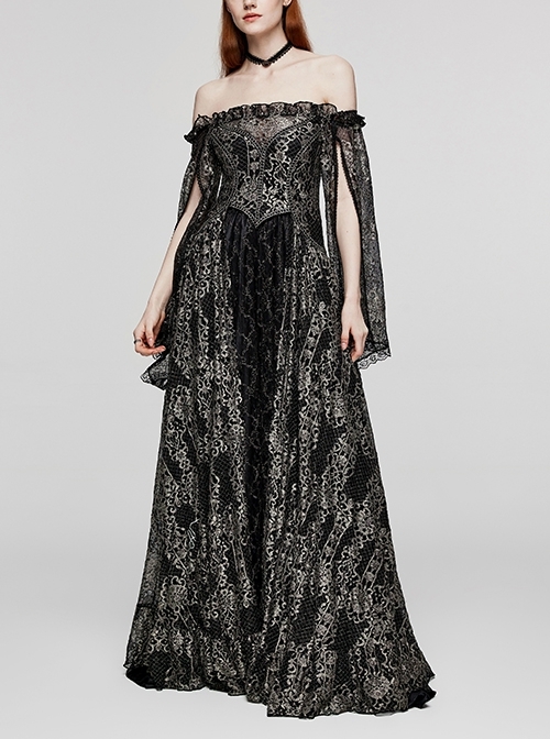 Exquisite Black And Gold Patterned Hollow Mesh Sexy One-Line Collar Gothic Style Rope Dress