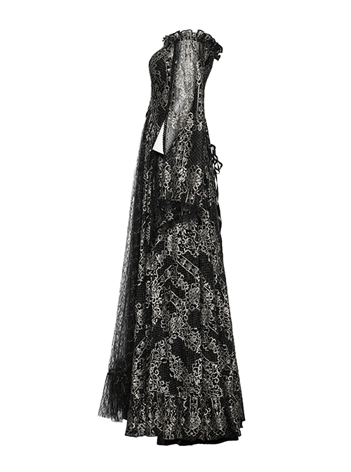 Exquisite Black And Gold Patterned Hollow Mesh Sexy One-Line Collar Gothic Style Rope Dress