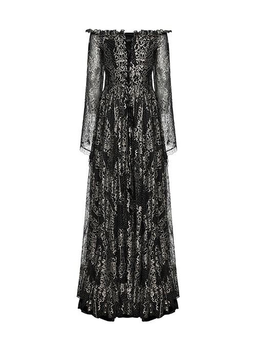 Exquisite Black And Gold Patterned Hollow Mesh Sexy One-Line Collar Gothic Style Rope Dress