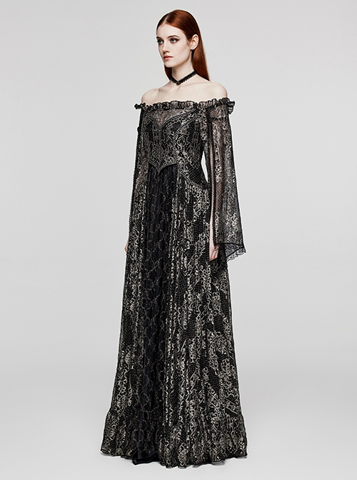 Exquisite Black And Gold Patterned Hollow Mesh Sexy One-Line Collar Gothic Style Rope Dress