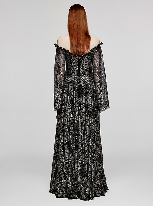 Exquisite Black And Gold Patterned Hollow Mesh Sexy One-Line Collar Gothic Style Rope Dress
