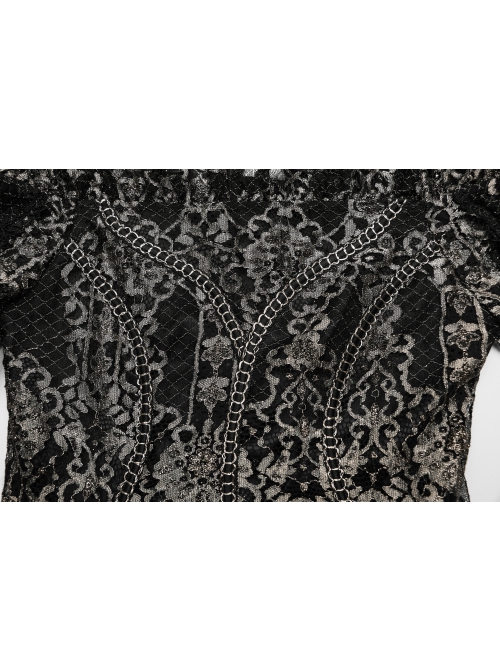 Exquisite Black And Gold Patterned Hollow Mesh Sexy One-Line Collar Gothic Style Rope Dress