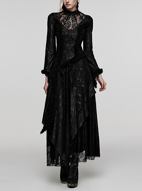 Black Stretch Knit Stitching Lace Mesh Multi-Layered V-Shaped Split Gothic Style Rope Long Sleeved Hollow Dress