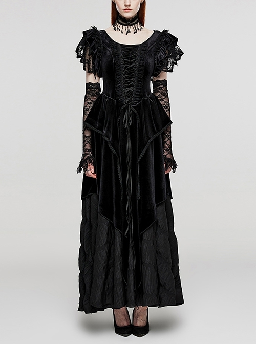 Adjustable V-Shaped Tie Rope Black Velvet Micro-Elastic Dress With Lace Gloves Gothic Dress Skirt Suit