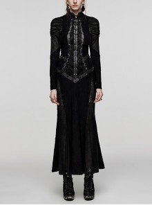 Black Old-Look Knitted Stitching Snake-Print Mesh V-Shaped Stand-Up Collar With Plum Eyelet String Gothic Style Long Sleeved Dress