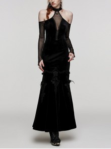 Sexy Off-Shoulder Deep V-Neck Black Stretch Velvet Spliced Mesh Gothic Style Long Sleeved Rope Dress