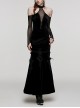 Sexy Off-Shoulder Deep V-Neck Black Stretch Velvet Spliced Mesh Gothic Style Long Sleeved Rope Dress