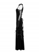 Sexy Off-Shoulder Deep V-Neck Black Stretch Velvet Spliced Mesh Gothic Style Long Sleeved Rope Dress