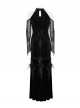 Sexy Off-Shoulder Deep V-Neck Black Stretch Velvet Spliced Mesh Gothic Style Long Sleeved Rope Dress