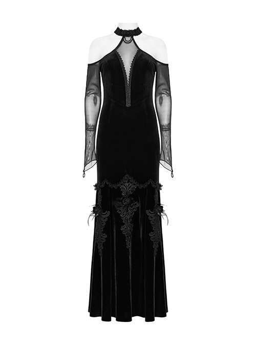 Sexy Off-Shoulder Deep V-Neck Black Stretch Velvet Spliced Mesh Gothic Style Long Sleeved Rope Dress