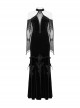 Sexy Off-Shoulder Deep V-Neck Black Stretch Velvet Spliced Mesh Gothic Style Long Sleeved Rope Dress