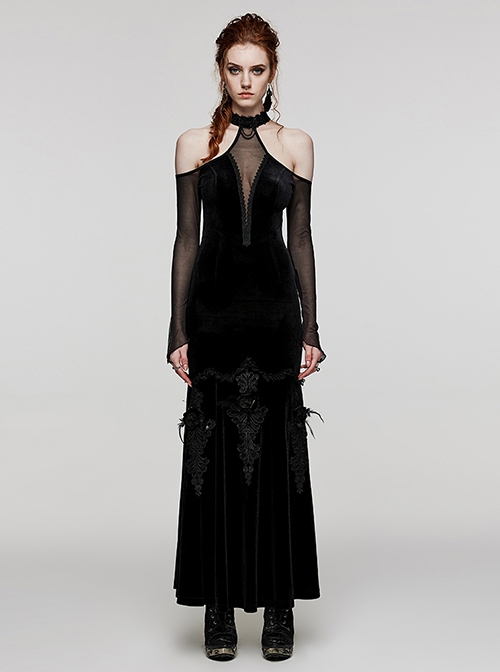Sexy Off-Shoulder Deep V-Neck Black Stretch Velvet Spliced Mesh Gothic Style  Long Sleeved Rope Dress - Magic Wardrobes