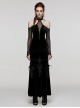 Sexy Off-Shoulder Deep V-Neck Black Stretch Velvet Spliced Mesh Gothic Style Long Sleeved Rope Dress