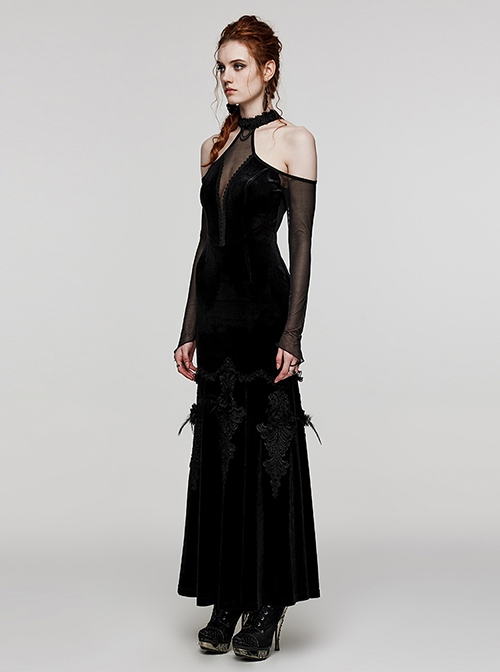 Sexy Off-Shoulder Deep V-Neck Black Stretch Velvet Spliced Mesh Gothic Style Long Sleeved Rope Dress