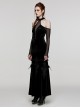 Sexy Off-Shoulder Deep V-Neck Black Stretch Velvet Spliced Mesh Gothic Style Long Sleeved Rope Dress