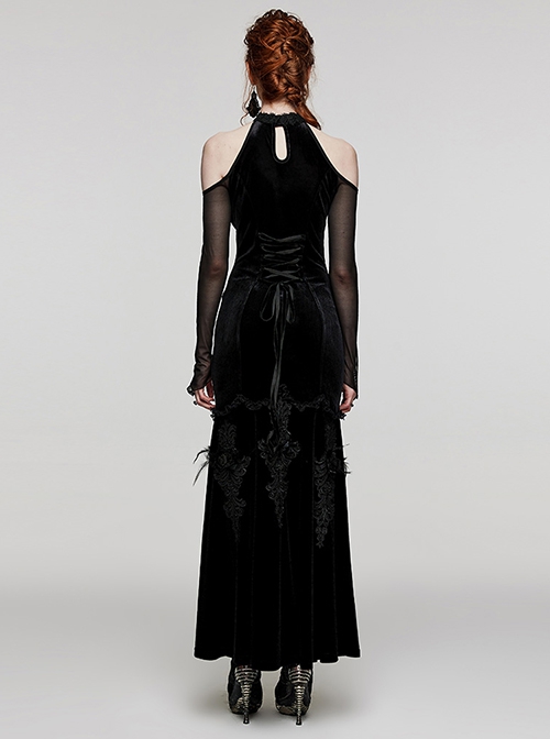 Sexy Off-Shoulder Deep V-Neck Black Stretch Velvet Spliced Mesh Gothic Style Long Sleeved Rope Dress