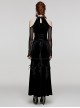Sexy Off-Shoulder Deep V-Neck Black Stretch Velvet Spliced Mesh Gothic Style Long Sleeved Rope Dress