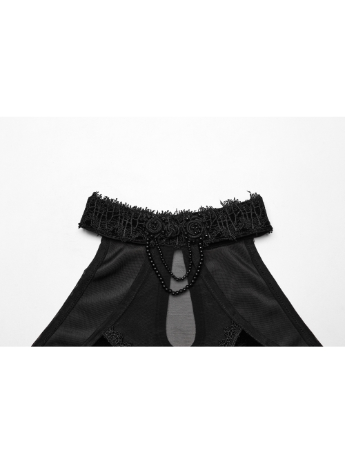 Sexy Off-Shoulder Deep V-Neck Black Stretch Velvet Spliced Mesh Gothic Style Long Sleeved Rope Dress
