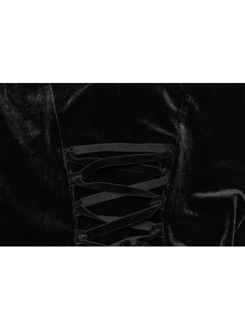 Sexy Off-Shoulder Deep V-Neck Black Stretch Velvet Spliced Mesh Gothic Style Long Sleeved Rope Dress