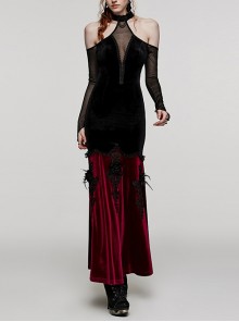 Sexy Off-Shoulder Deep V-Neck Black And Red Stretch Velvet Spliced Mesh Gothic Style Long-Sleeved Rope Dress