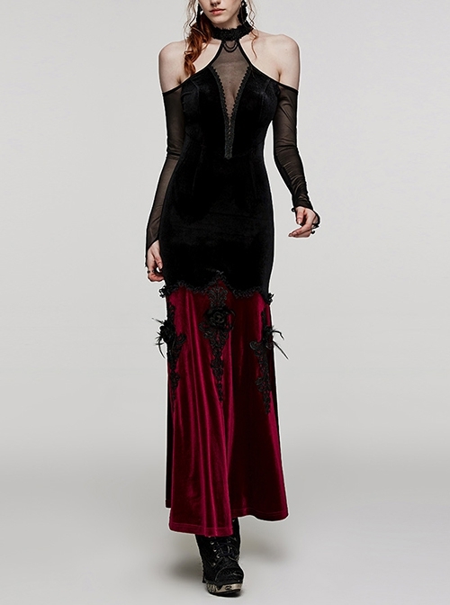 Sexy Off-Shoulder Deep V-Neck Black And Red Stretch Velvet Spliced Mesh Gothic Style Long-Sleeved Rope Dress
