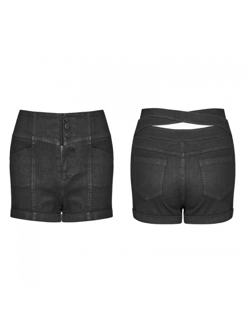 Steam Punk Female Black Hollowed Back Cross Shorts