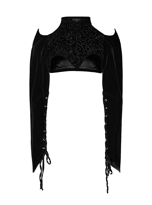 Personalized Black Jacquard Splicing Velvet Stand-Up Collar Lamb Leg Long Sleeved Gothic Style Hollow Rope Short Jacket