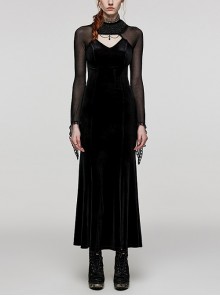 Black Stretch Velvet Patchwork Mesh Sheer Lace Long Sleeved Rope Gothic Gorgeous Dress