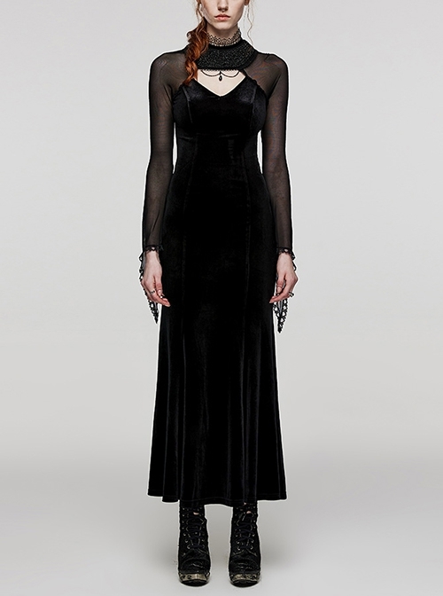 Black Stretch Velvet Patchwork Mesh Sheer Lace Long Sleeved Rope Gothic Gorgeous Dress
