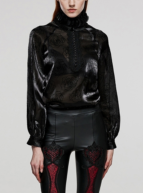 Personalized Black Rose Flocked Mesh High Collar Hook-Button Raglan Lantern Sleeve Design Gothic Style Long Sleeved Top