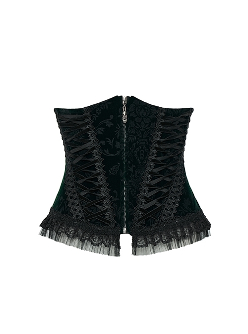 Vintage Black And Green Adjustable Rope Printed Zipper Symmetrical Lace Gothic Gorgeous Corset