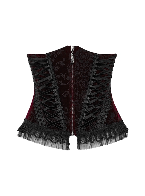 Vintage Black And Red Adjustable Tie Rope Printed Zipper Symmetrical Lace Gothic Gorgeous Corset