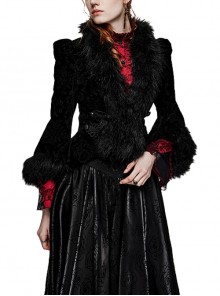 Black Velvet Embossed Cuff Placket And Plush String Gothic Style Long Sleeved Short Jacket