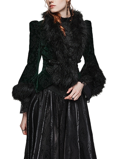 Black And Green Velvet Embossed Cuffs And Placket With Plush String Gothic Style Long Sleeved Short Coat