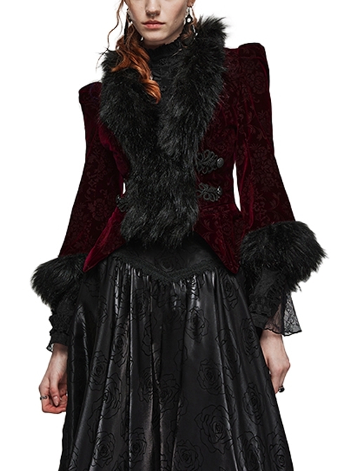 Personalized Black And Red Velvet Embossed Cuffs And Placket With Plush Stringing Gothic Style Long Sleeved Short Jacket