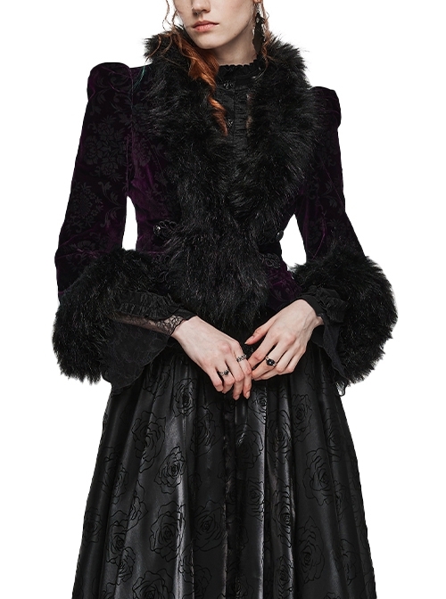 Gorgeous And Personalized Black And Purple Velvet Embossed Cuffs And Placket With Plush Stringing Gothic Style Long Sleeved Short Coat