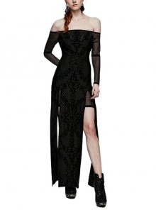 Black Stretch Flocking Printed Stitching Fine Mesh One-Shoulder Gothic Style Sexy Slit Dress